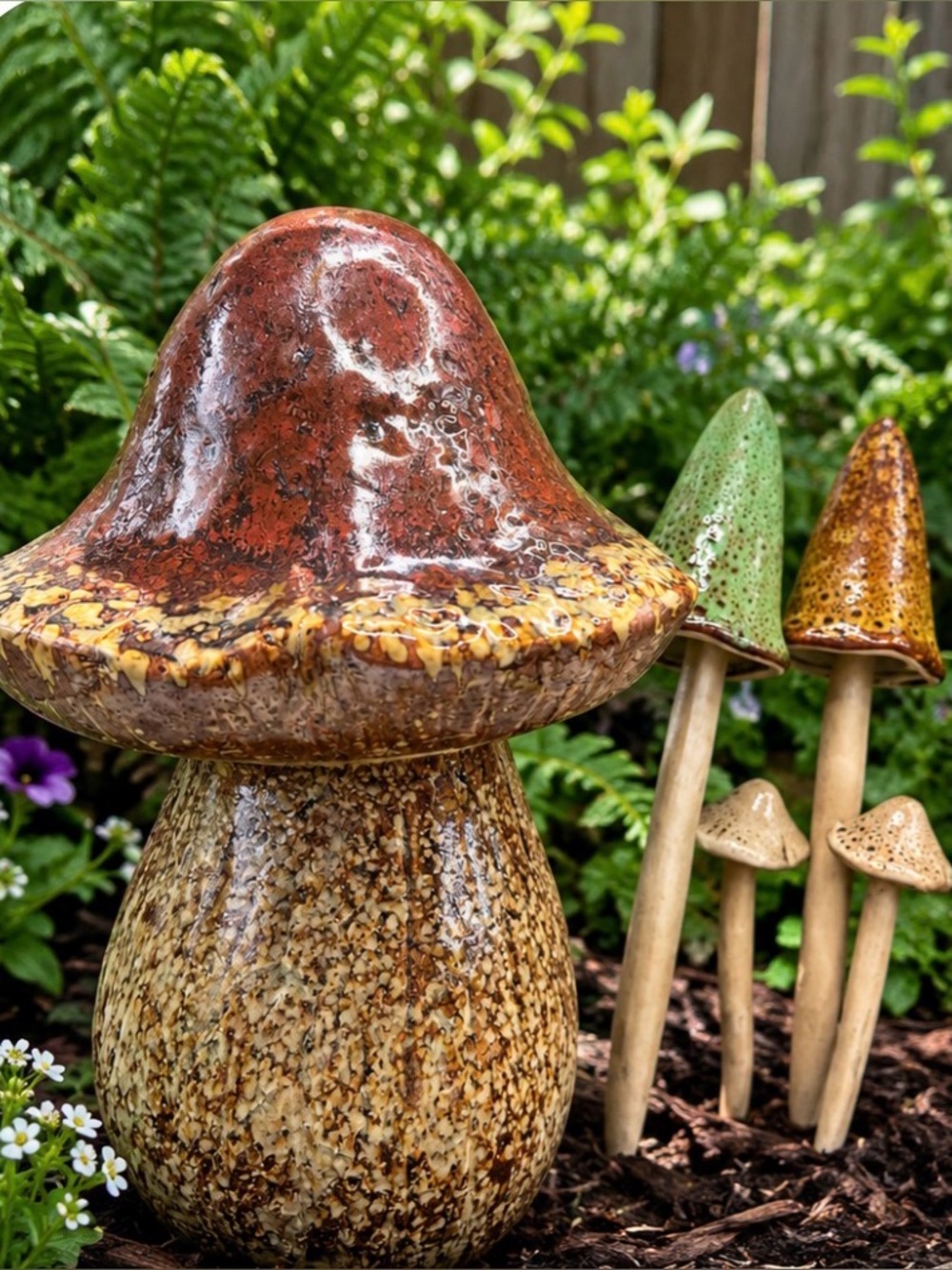 Ceramic Garden Mushroom Sculpture - Brown & Green